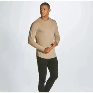 Cuts Curve-Hem Beige Long Sleeve Crew Neck Pullover Shirt XL